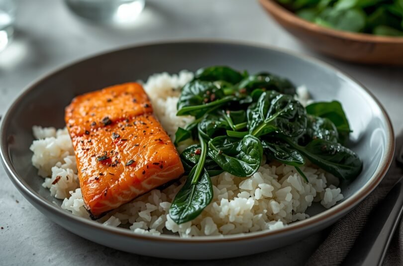 Balanced Recovery Meal After Training Post Workout Meal with Salmon Rice and Spinach
