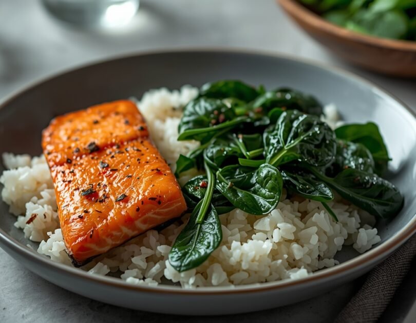 Post Workout Meal with Salmon Rice and Spinach