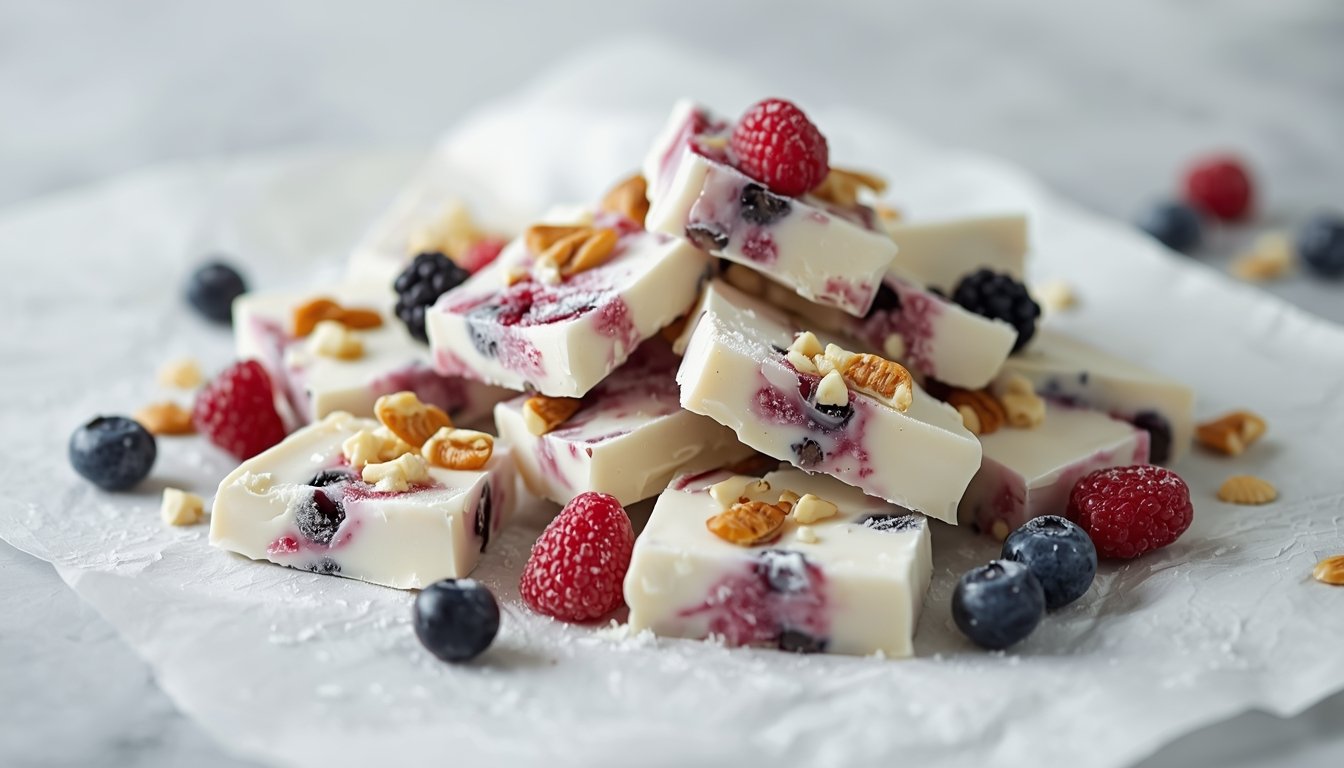 Frozen high-protein dessert with fruit and crunch Frozen Yogurt Bark with Berries and Nuts