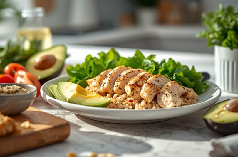 Grilled Chicken Avocado Quinoa Bowl with Lemon Yogurt Dressing