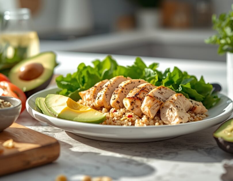 Grilled Chicken Avocado Quinoa Bowl with Lemon Yogurt Dressing