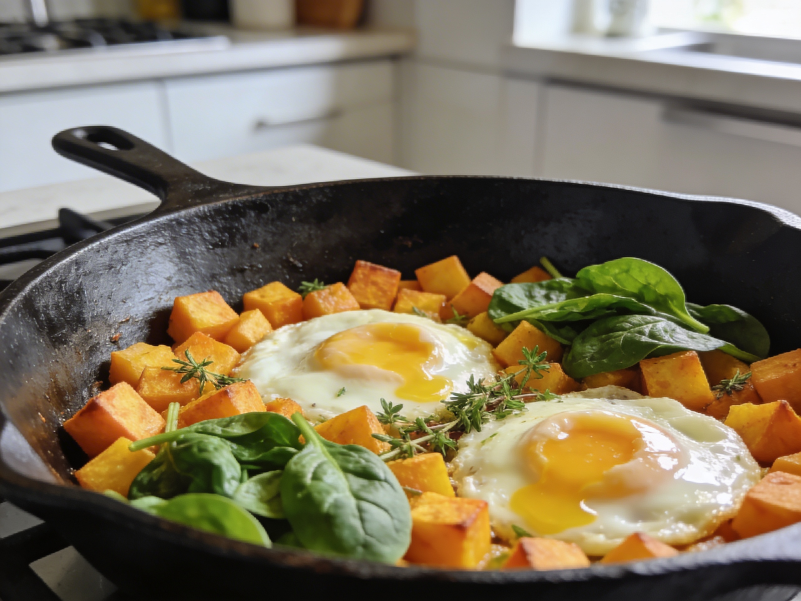 Sweet Potato Breakfast Hash with Eggs and Spinach