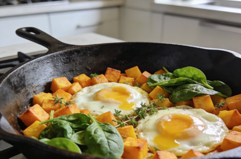 Sweet Potato Breakfast Hash with Eggs and Spinach