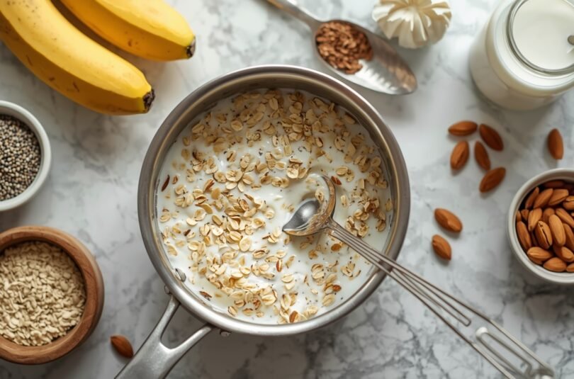 High-Protein Banana Oatmeal, Greek Yogurt & Chia Seeds